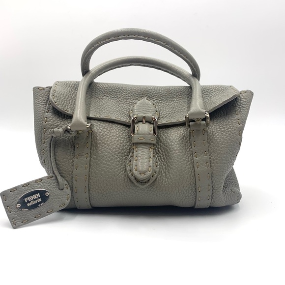 Auth Vtg FENDI Selleria Gray Leather Tote Bag - Picture 1 of 14